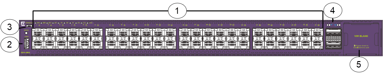 Front panel view of 5520-48SE switch showing fixed ports, USB port, LEDs, and VIM slot. Front panel view of 5520-48SE switch showing fixed ports, USB port, LEDs, and VIM slot.